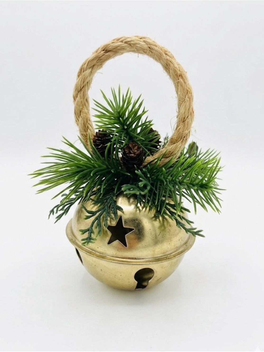 Vintage Festive Gold Jingle Bell Ornament with Green Pine Accents